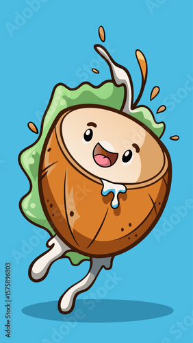 A cartoon drawing of a coconut with white milk splashing out of it. The coconut is shown in a cartoonish style, with a splash of milk coming out of it. Concept of fun and playfulness