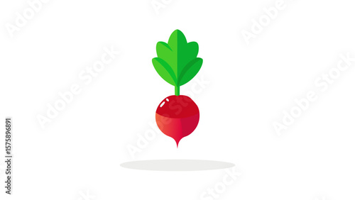 A red radish with green leaves. The radish is the main focus of the image. The image has a bright and cheerful mood, as the radish is a healthy and vibrant vegetable