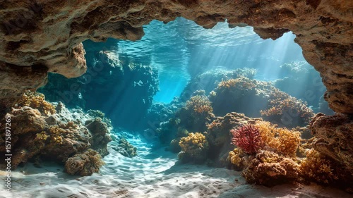 Underwater cave with coral reefs and sunlight streaming through the water, creating a stunning marine vista and the beauty of undersea exploration.
