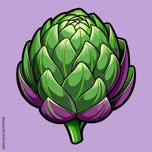 A cartoon drawing of a green vegetable with purple flowers. The drawing is of a vegetable that is often used in cooking, and it has a bright and cheerful appearance
