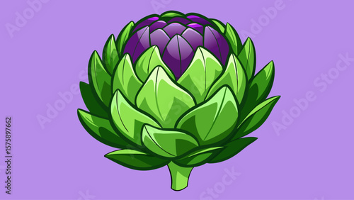 A cartoon drawing of a green vegetable with purple flowers. The drawing is of a vegetable that is often used in cooking, and it has a bright and cheerful appearance