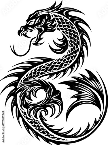 SVG of Pirate Leviathan beasts captured in a striking tattoo design. Intricate Black and White Dragon Tattoo Design with Fierce Detailing