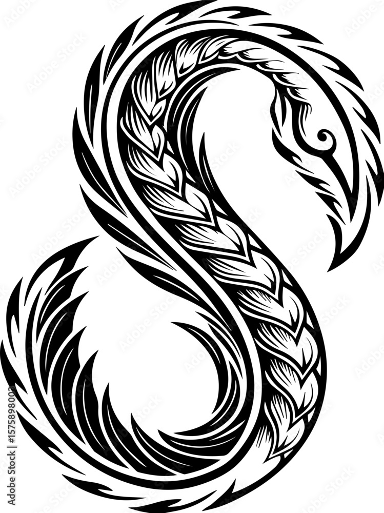 Fototapeta premium SVG of Pirate Leviathan beasts captured in a striking tattoo design. Intricate Black and White Feathered Swirl Design for Art Projects