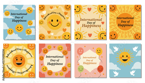 Cheerful International Day of Happiness Illustration with Smiling Faces and Clouds