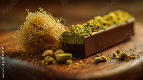 A Dubai chocolate bar with pistachio cream and kunafa, placed on a smooth wooden surface, with a single kunafa strand beside it.