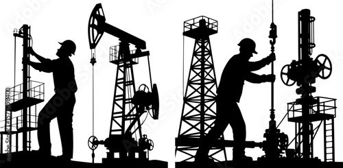 Oil Field Workers Operating and Maintaining Drilling Rigs Silhouettes