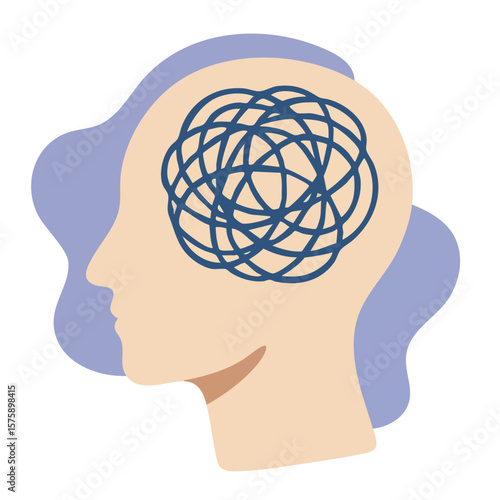 Head silhouette with tangled lines symbolizing mental confusion.