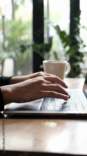 Hands Typing on Laptop with Coffee Cup Near Window with Greenery