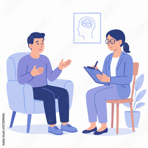 Therapy session with male client and female therapist.