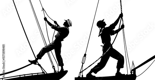 Sailors or Workmen Pulling Ropes on Ship Rigging Silhouette Illustration