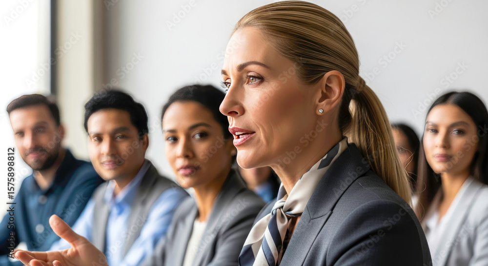 Obraz premium Confident businesswoman giving a presentation to her team. Business meeting, corporate leadership, and team collaboration concepts.