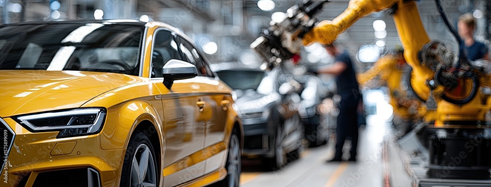 Fototapeta premium Robotic arms efficiently assemble vehicles on a dynamic production line within a high-tech factory