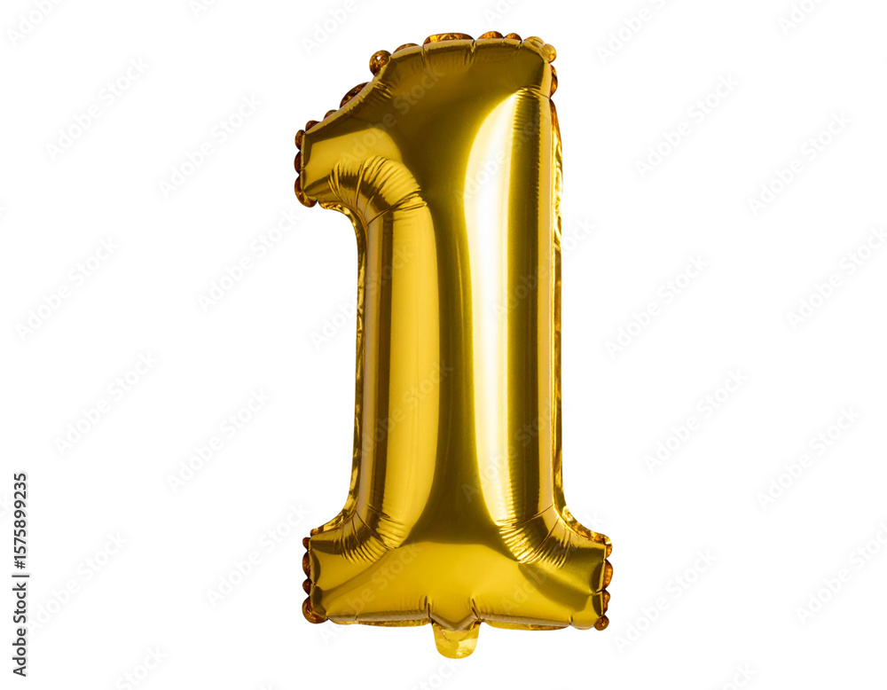 Fototapeta premium Firefly_Gold helium balloon shaped as number 1 isolated on transparent background; PN