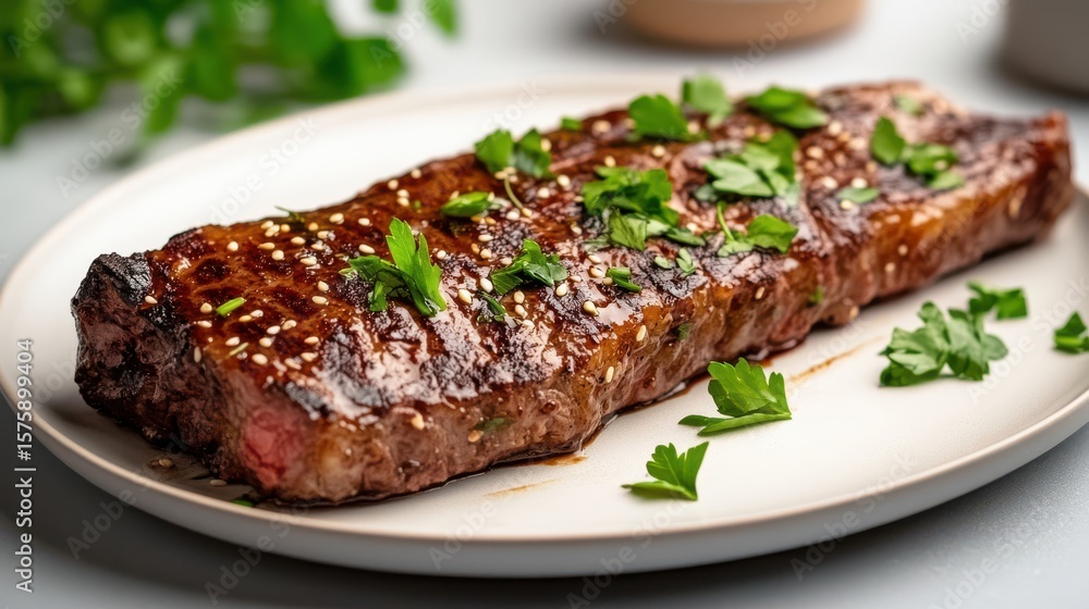 Deliciously Plated Meat Dish with Fork on White Serving Plate for Dinner Deliciously Plated Meat Dish with Fork on White Serving Plate for Dinner