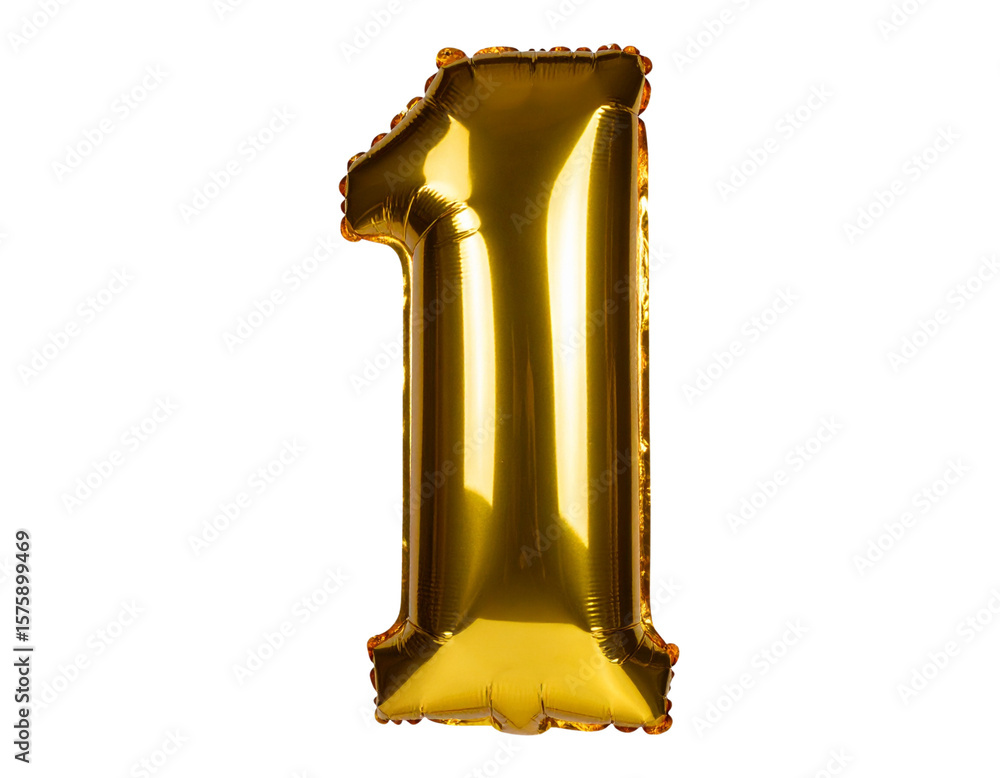 Fototapeta premium Firefly_Gold helium balloon shaped as number 1 isolated on transparent background; PN