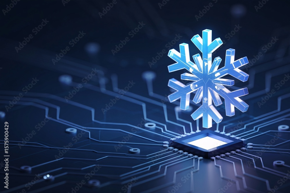 Naklejka premium 3D snowflake icon on microchip symbolizing computer cooling, hardware temperature control tech.