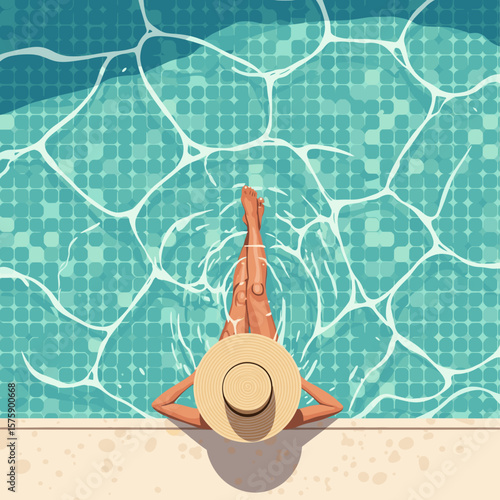 An overhead view of a person lounging at the edge of a swimming pool