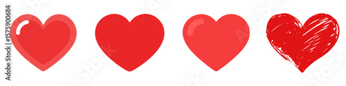 Set of four red heart vector icons with different styles: glossy, solid, gradient, and sketch. Ideal for Valentine’s Day designs, romantic themes, greeting cards, social media, and emotional branding.
