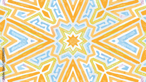 Abstract kaleidoscopic pattern with star center and geometric shapes in orange and blue hues design