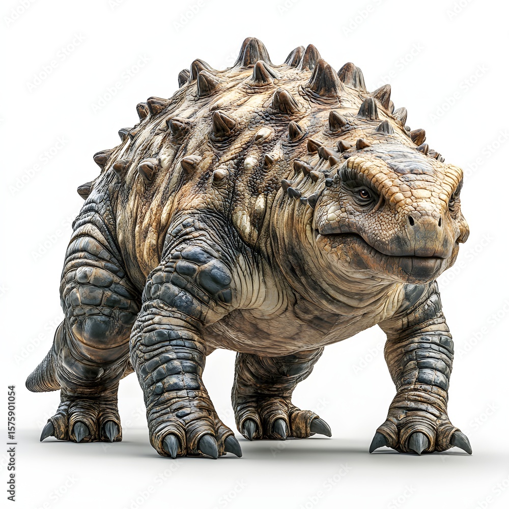 Fototapeta premium Majestic Ankylosaurus, armored dinosaur, stands isolated in a stark white background. Its detailed skin texture and formidable build showcase prehistoric power and ancient history beautifully.