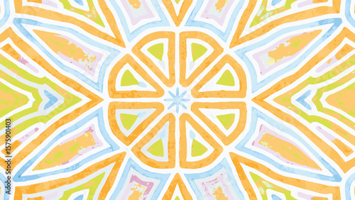 Watercolor kaleidoscope pattern with orange, green, and blue geometric shapes radiating outward