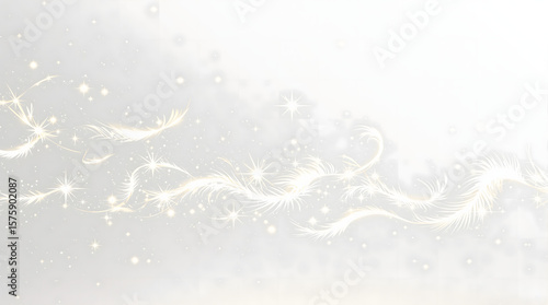Angelic glowing feathers floating on soft background, ethereal gold and white wisps with sparkles, divine spiritual light for peaceful wedding design