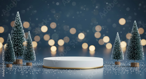 Winter wonderland product display snowy christmas trees bokeh lights elegant podium stage presentation