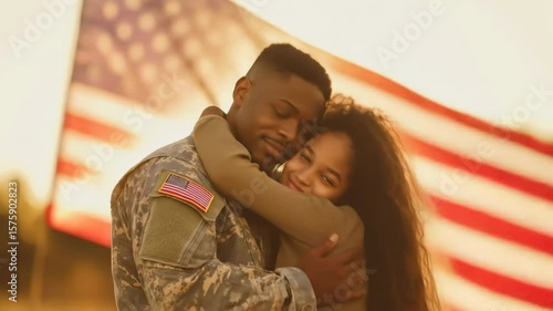 An african american military man hugs his woman at sunset with an American flag in background, homecoming footage.