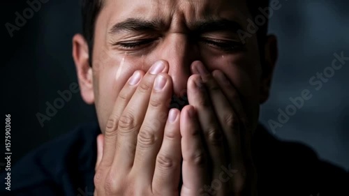Wallpaper Mural Extreme close-up of a desperate man crying with tears on his face in a dark room, a powerful shot about grief, depression, emotional pain and mental health issues Torontodigital.ca