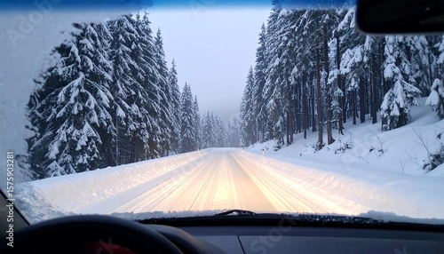 Snowy road through a forest
