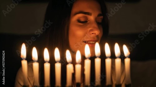 Wallpaper Mural A young woman celebrates hanukkah by lighting the menorah candles in a dark room, her face illuminated by the flame, symbolizing faith, hope and jewish religious tradition Torontodigital.ca