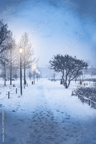 Wallpaper Mural View of a snowy path with footprints leads past glowing streetlights and bare trees under a soft blue sky, ReykjavÃ­k, ReykjavÃ­kurborg, Iceland. Torontodigital.ca