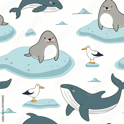 Cute sea lions on ice floes, baby whales and seagulls among the sea and seaweed. Seamless pattern vector illustration.