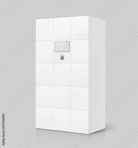 Parcel locker for delivery systems mockup. Vector illustration isolated on grey background. Easy to use for presentation your product, idea, promo, design. EPS10.