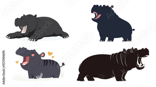 Charming black silhouette of a baby hippo yawning with mouth wide open, capturing the cuteness, innocence, and gentle nature of wildlife in a playful and minimalist design, ideal for children’s decor,