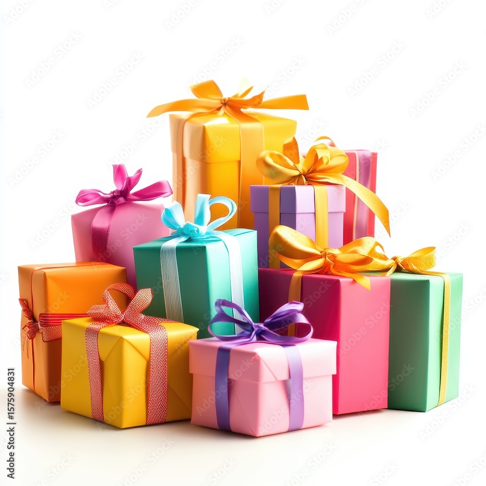 Fototapeta premium Colorful gift boxes with ribbons and bows stacked together on a white background, perfect for celebrations and special occasions.