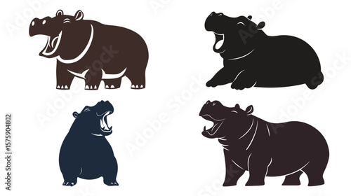 Charming black silhouette of a baby hippo yawning with mouth wide open, capturing the cuteness, innocence, and gentle nature of wildlife in a playful and minimalist design, ideal for children’s decor,