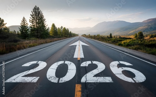 New year 2026 written on the road in the middle of asphalt road at sunset. Concept of planning , challenge,