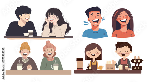 Joyful couple sitting together at a coffee shop in the morning, laughing and enjoying each other's company with warm sunlight, cozy atmosphere, and romantic connection—perfect for lifestyle, love,