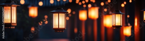 Warm glowing lanterns hang softly lit against a dark blurred background, creating a cozy and serene ambiance.