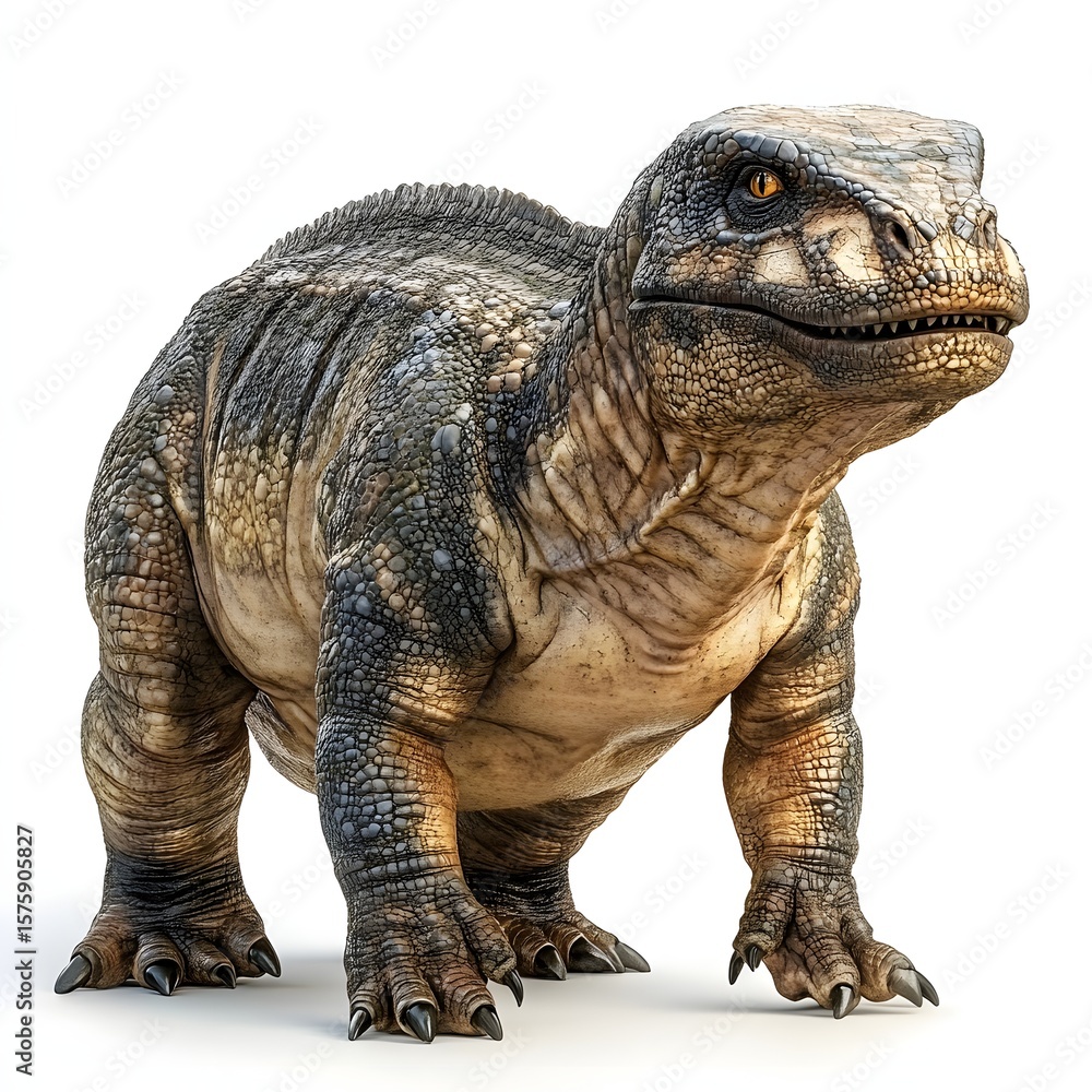 Obraz premium Detailed illustration of a squat, quadrupedal dinosaur-like creature. Scales of gray, brown, and black give it a mottled appearance. Mythical creature isolated on a white background.