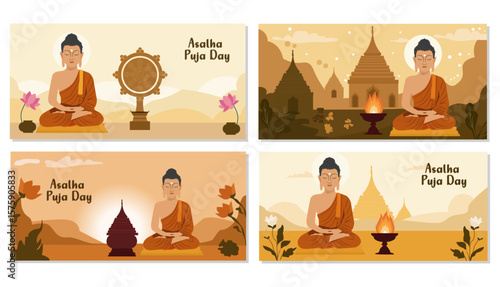 Asalha Puja Day Illustration with Meditating Buddha and Dharma Wheel
