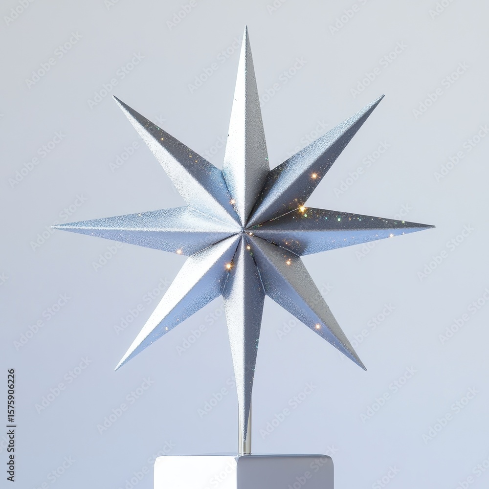 Fototapeta premium Shiny silver eight-pointed star ornament with subtle sparkles, mounted on a white base against a plain light background.
