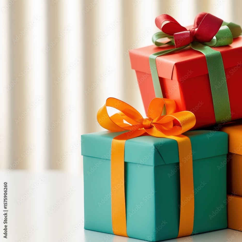 Fototapeta premium Two colorful gift boxes stacked, wrapped with vibrant ribbons, symbolizing celebration and gifting.
