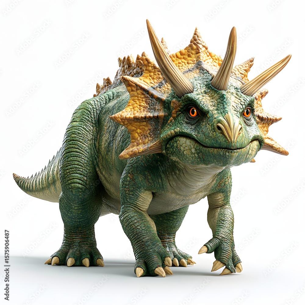 Fototapeta premium Vibrant dinosaur illustration with green body, yellow frill, and curved horns. A captivating image of a prehistoric creature. Mythical creature isolated on a white background