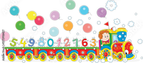 Little boy driving a toy steam train carrying a noisy company of funny cartoony numbers with colorful holiday balloons flying around, vector cartoon illustration on a white background