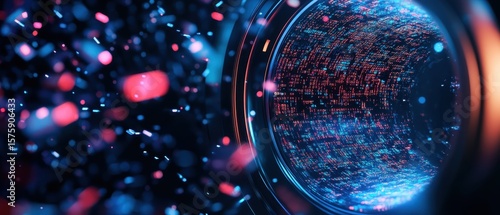 Futuristic close-up of a lens or optical device with colorful light reflections and bokeh effects creating a high-tech, digital atmosphere.