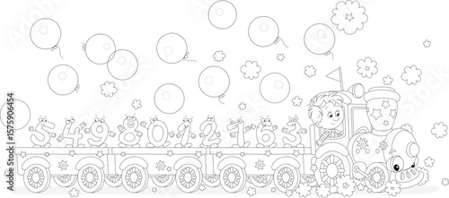 Little boy driving a toy steam train carrying a noisy company of funny cartoony numbers with holiday balloons flying around, black and white vector cartoon illustration for a coloring book