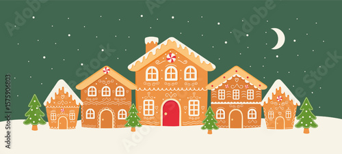 Horizontal poster with gingerbread houses, Christmas trees, moon, snow. Design for banner, invitation, card.