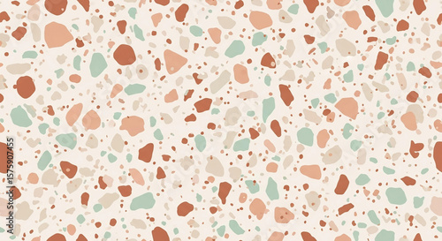 A seamless terrazzo pattern featuring various shapes and colors, creating a textured surface.